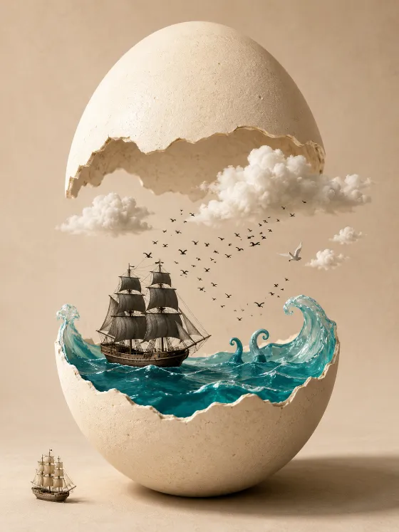 Surreal egg diorama with a miniature sailing ship, ocean waves, clouds, and flying birds.