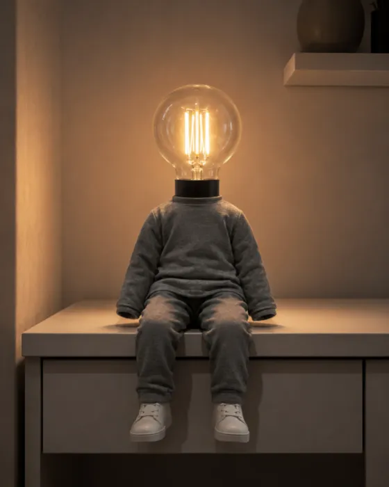 Seated gray humanoid table lamp with warm glowing glass bulb head perched on a white desk.