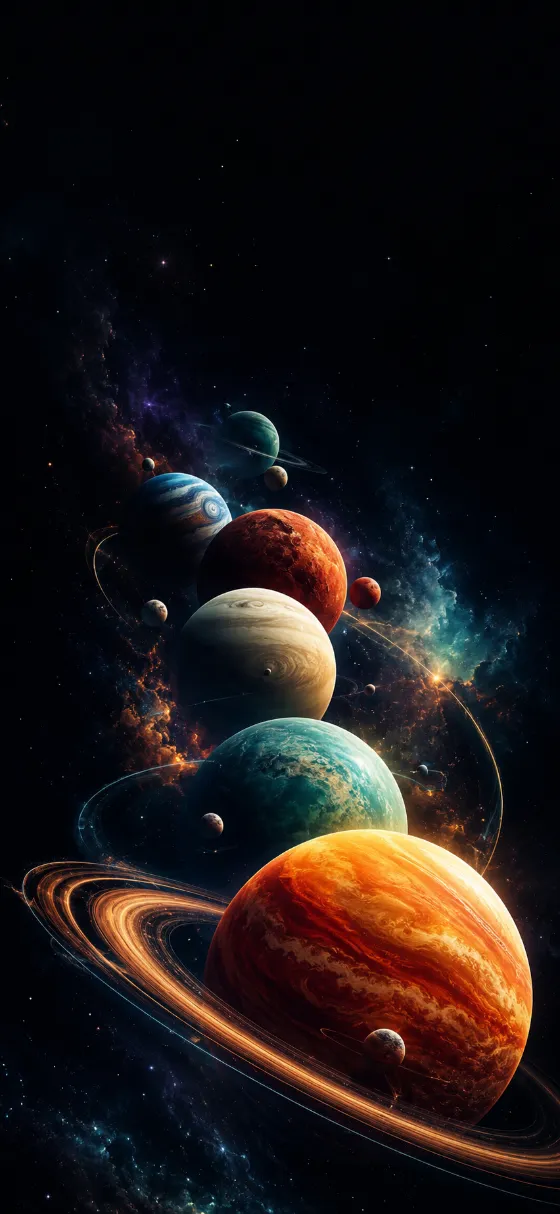 Colorful stacked fantasy planets with ring systems and small moons floating in deep black space.