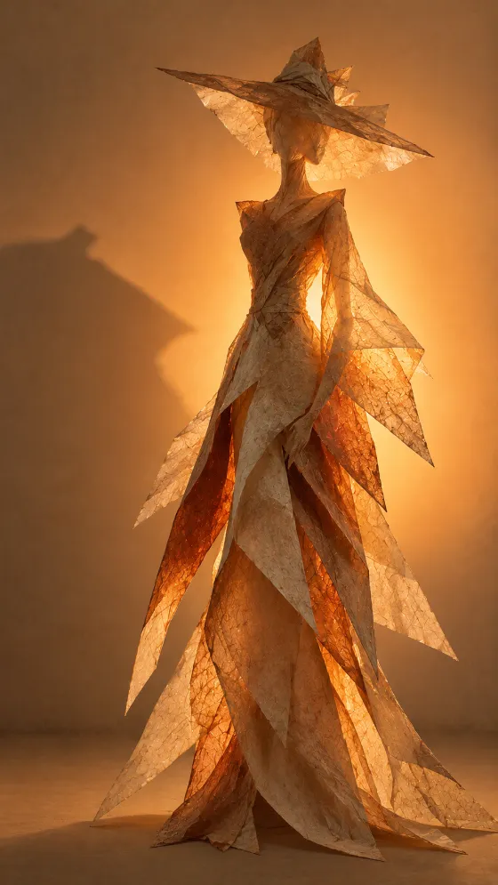 Faceless translucent paper figure with angular hat and layered parchment garment glowing in warm amber backlight.