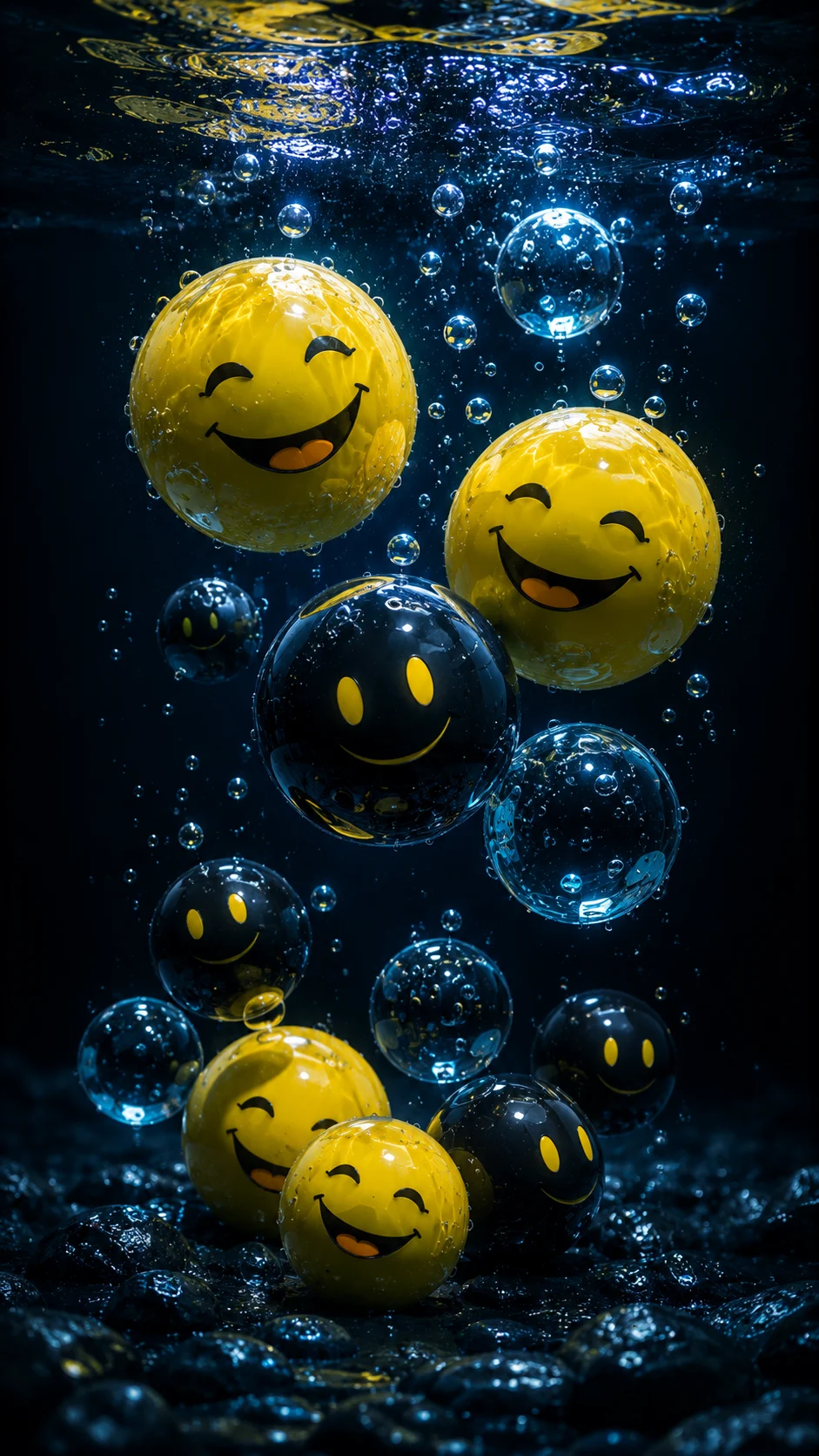 Surreal underwater 3D artwork with glossy smiling spheres, bubbles, and cyan-yellow lighting.