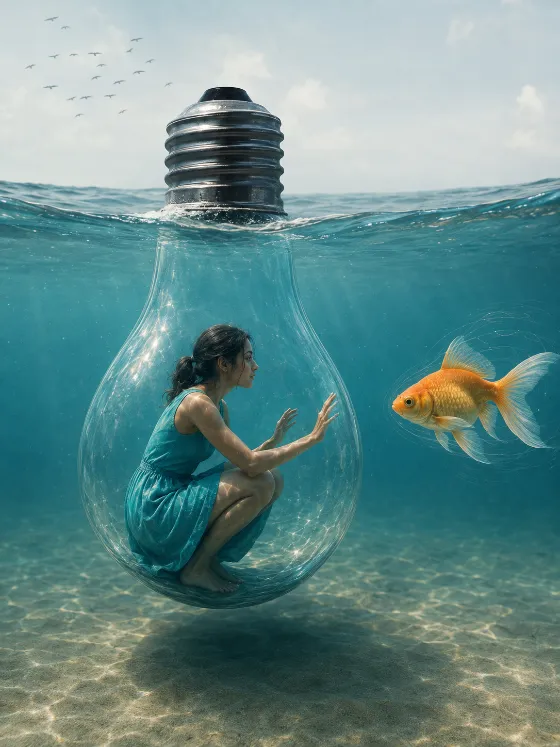 Woman crouching in a submerged glass light bulb and reaching toward an orange goldfish in calm teal water.
