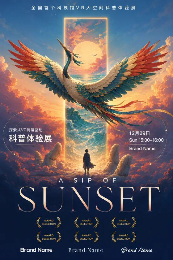 Surreal event poster showing a large colorful bird flying through a central portal over clouds and a tiny visitor.