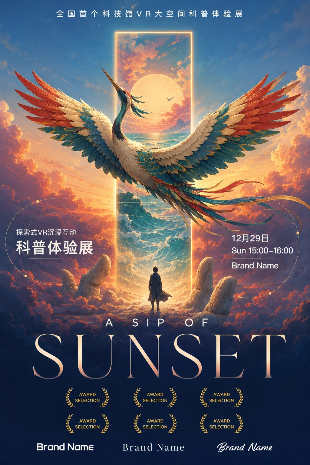 Surreal event poster showing a large colorful bird flying through a central portal over clouds and a tiny visitor.