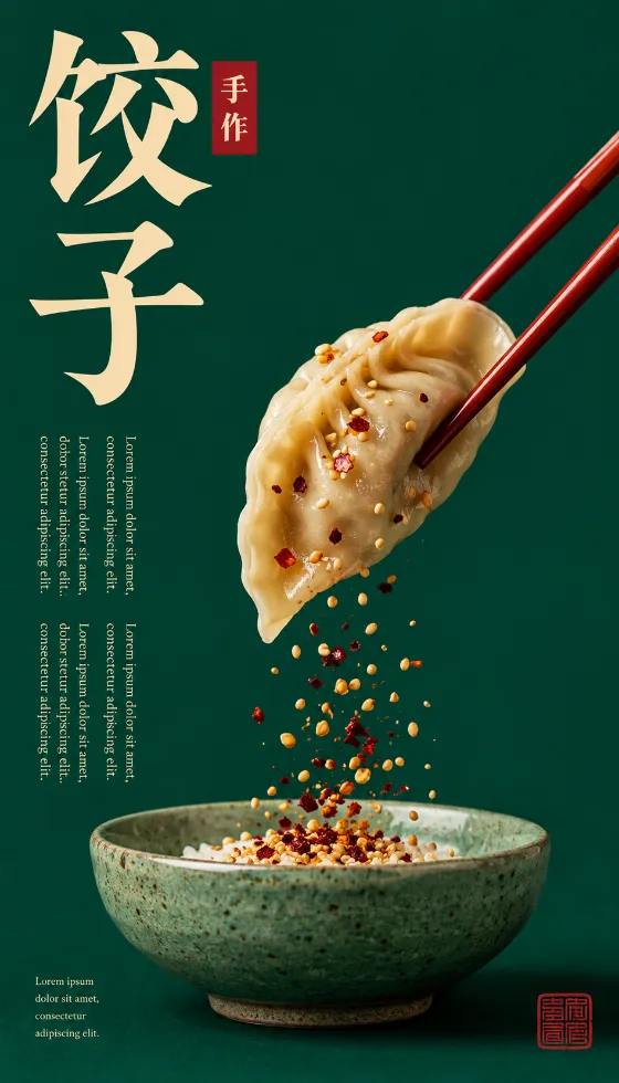 Premium vertical dumpling advertisement with cream typography, red chopsticks, falling spices, and a jade ceramic bowl on an emerald background.