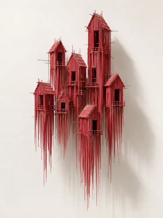 Red settlement-like wall sculpture with pitched roofs and elongated hanging slats.