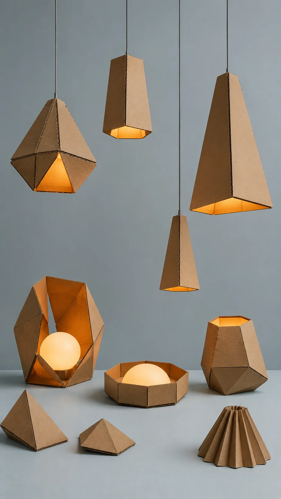 Overhead and tabletop cardboard lamps with warm glowing spheres and faceted folds in a minimal gray-blue studio.