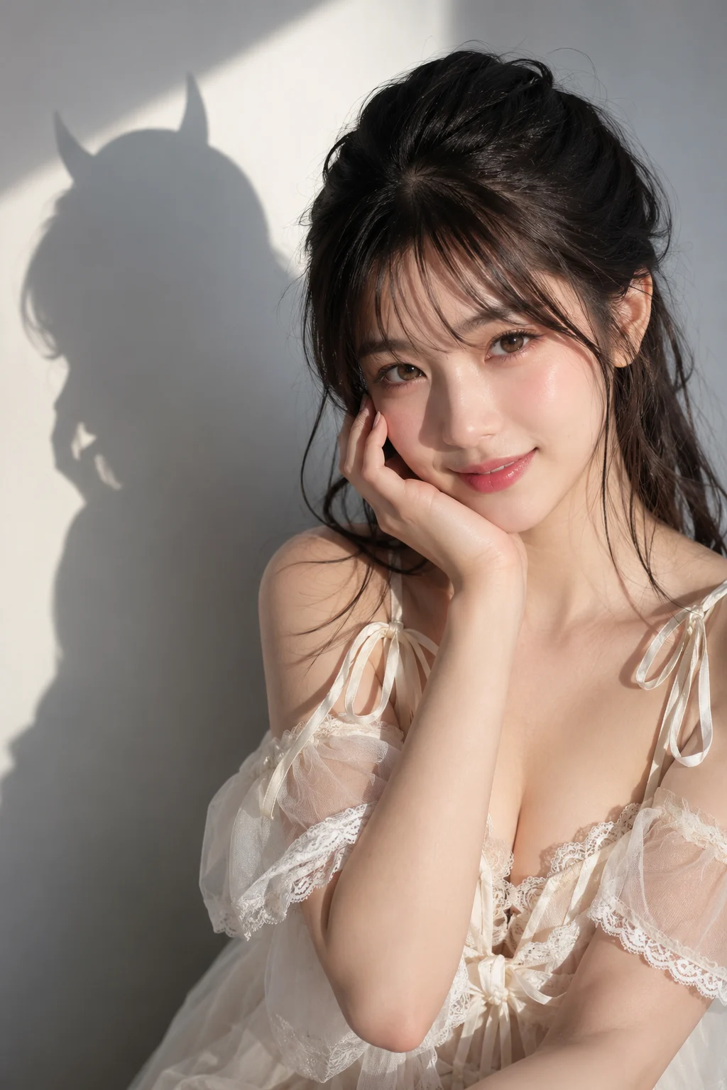 A young East Asian woman with a sweet smile, wearing a white lace dress, resting her hand on her cheek, with a shadow on the wall that has small devil