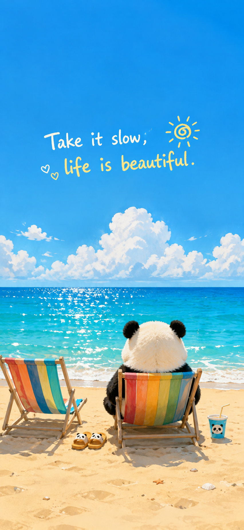 device wallpaper visual in sunny beach shoreline in cute illustration,whimsical hand-painted art,soft textured wallpaper,bright coastal palette,clean mobile-friendly composition.