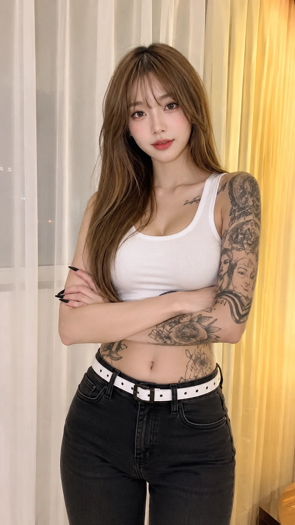 Young woman with arm tattoos posing indoors with crossed arms, wearing a white tank top and black jeans.