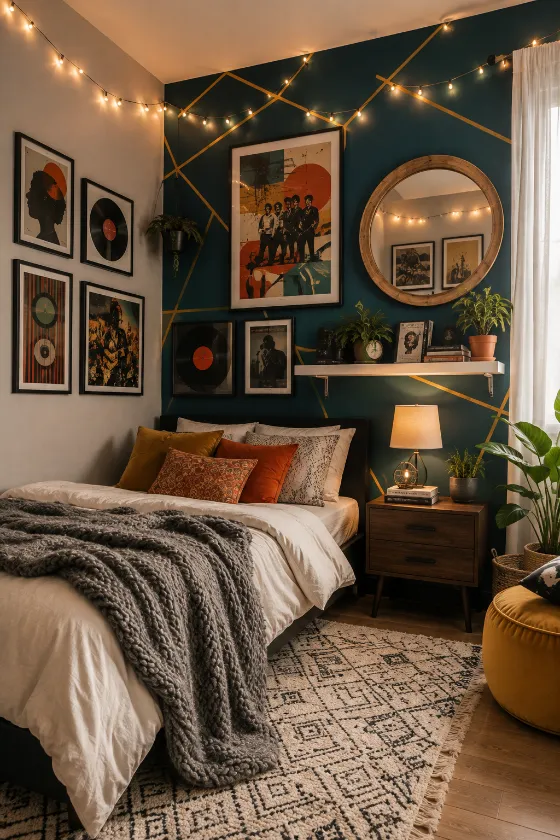 Teal geometric bedroom with framed music art, vinyl records, round mirror, chunky knit throw, plants, and warm string lights.