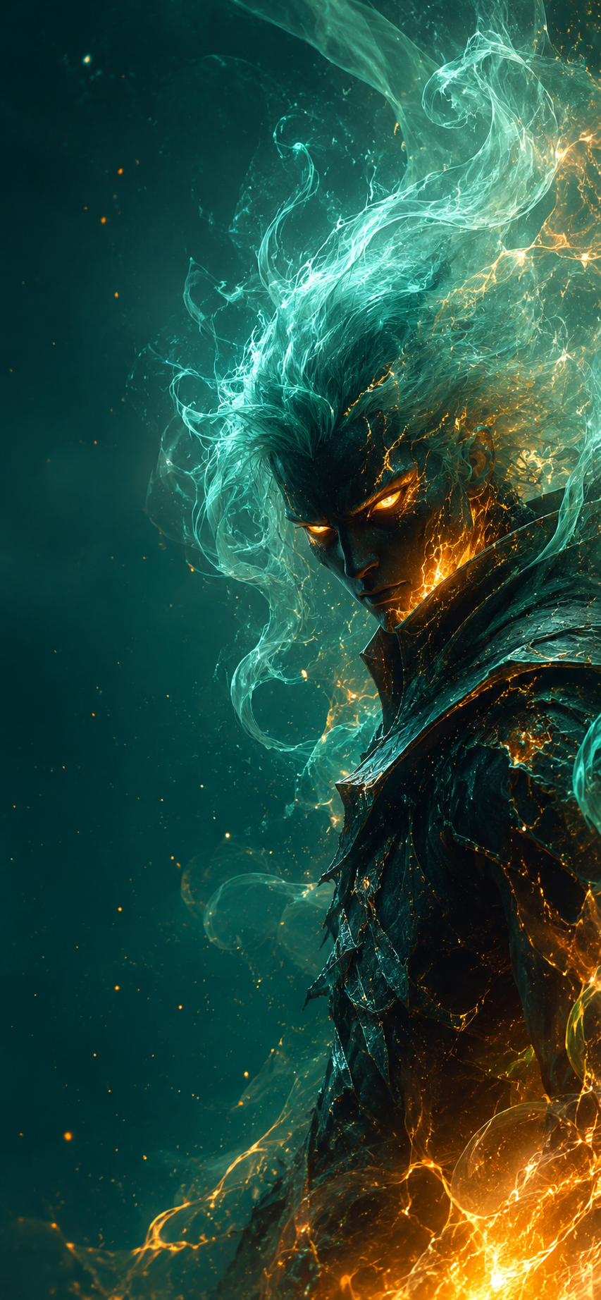 Fantasy humanoid figure surrounded by glowing teal energy and molten orange light in a vertical lock screen wallpaper.