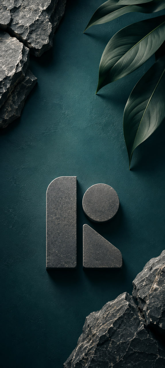 Product-luxury wallpaper with abstract raised stone forms on a teal surface, framed by rough gray rocks and dark green leaves.