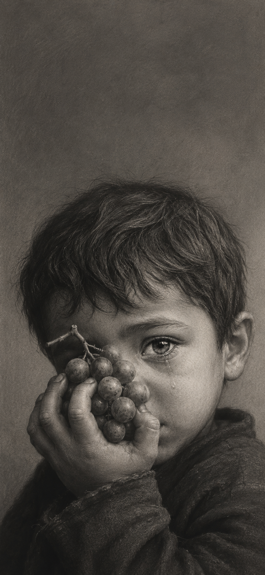 Monochrome graphite portrait wallpaper of a tearful child holding grapes near the face on a shaded background.