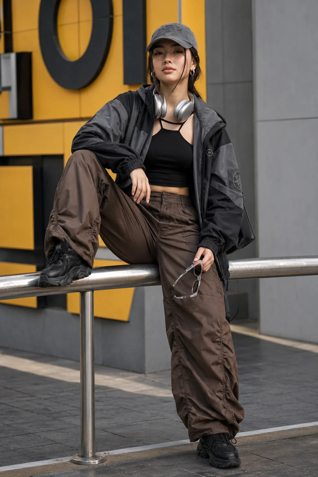 Full-body streetwear portrait with a gray cap, headphones, charcoal jacket, brown cargo trousers and a bright yellow urban backdrop.