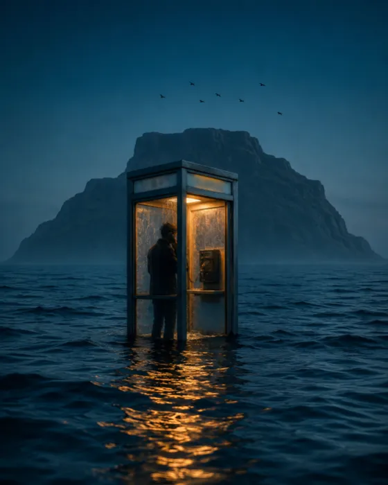 A warm glowing telephone booth partially submerged in a dark blue ocean at twilight, with a distant island and birds.