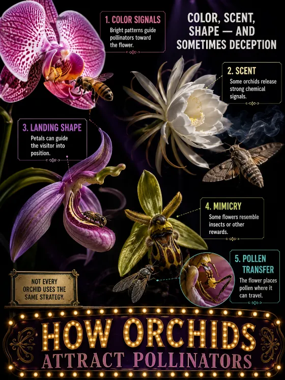 Theatrical orchid display with three edge-entering flowers, realistic pollinators, dramatic spotlights, five large labels, and a bottom marquee title.
