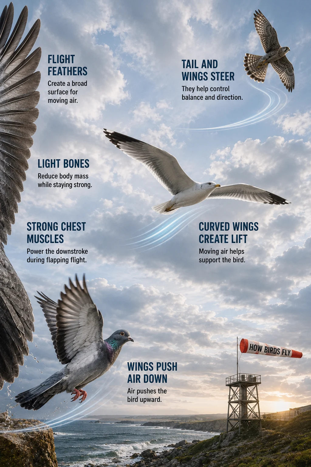 Educational sky scene with a pigeon taking off, a gull gliding, a falcon turning, wing anatomy labels, and restrained airflow ribbons.