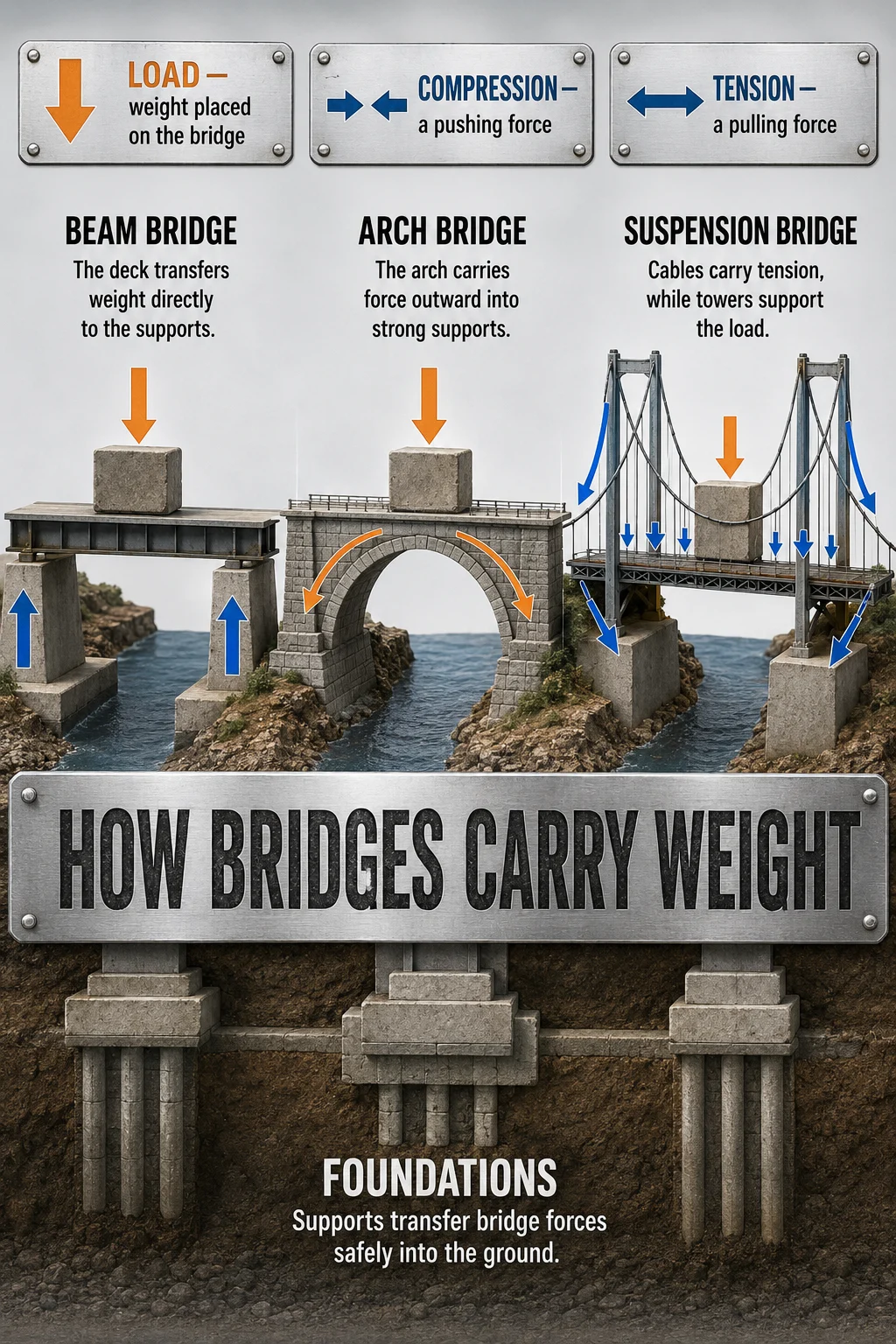 Educational bridge comparison with beam, arch, and suspension models, structural force arrows, and a shared foundation cutaway.