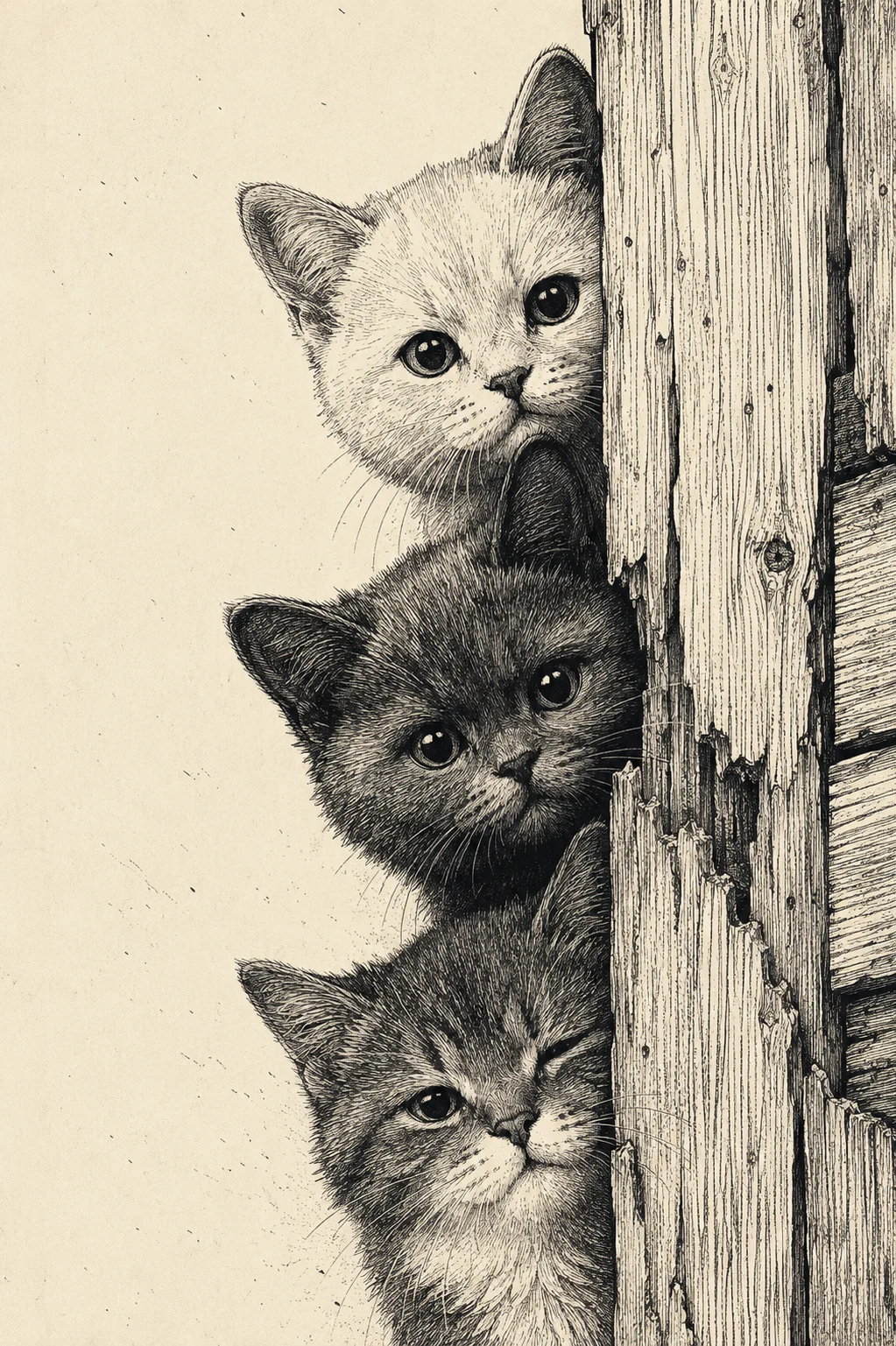 Three expressive kittens peek from rough wooden planks in a detailed monochrome crosshatched ink drawing.