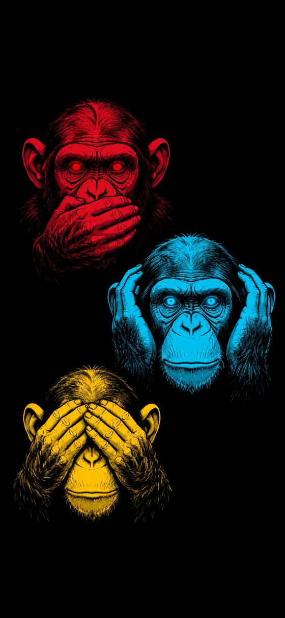 Dark iPhone wallpaper with three pop-art chimpanzee faces in red, cyan, and yellow using hand gestures.