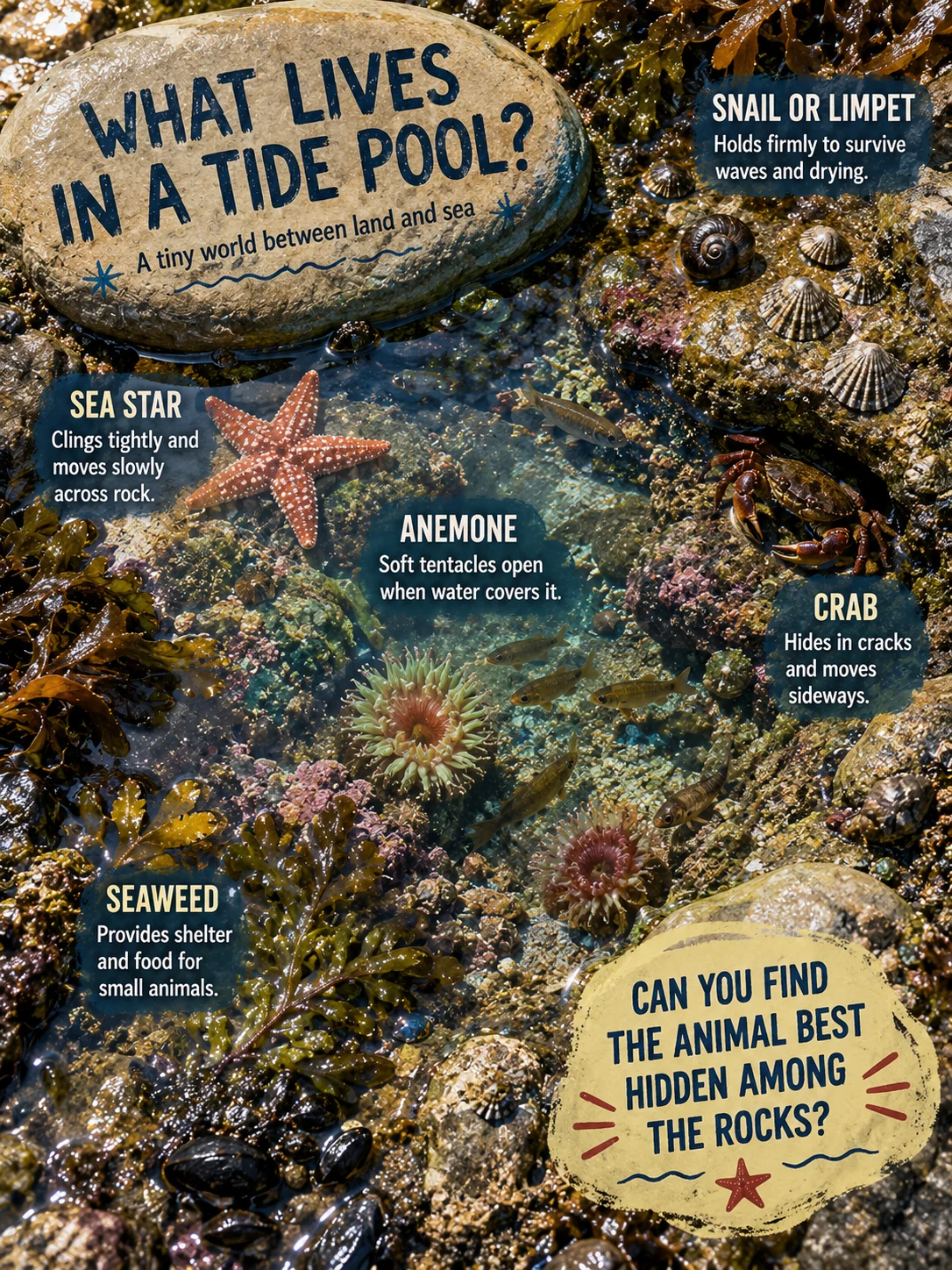 Educational rocky tide-pool scene with shoreline animals, seaweed, shallow reflections, large labels, and a to find the best-hidden creature.