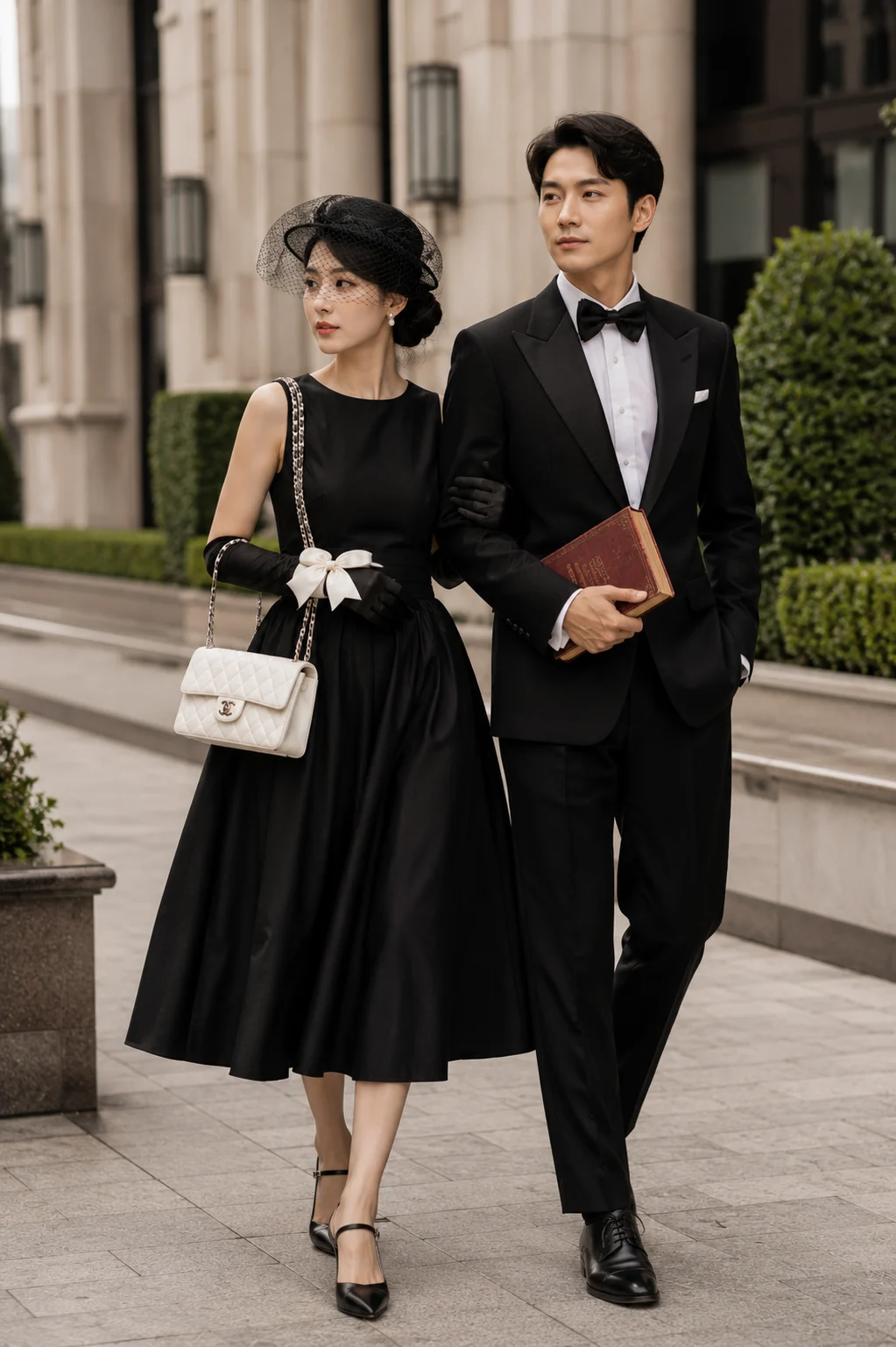 Elegant couple in coordinated black formalwear walking together in a refined urban setting.