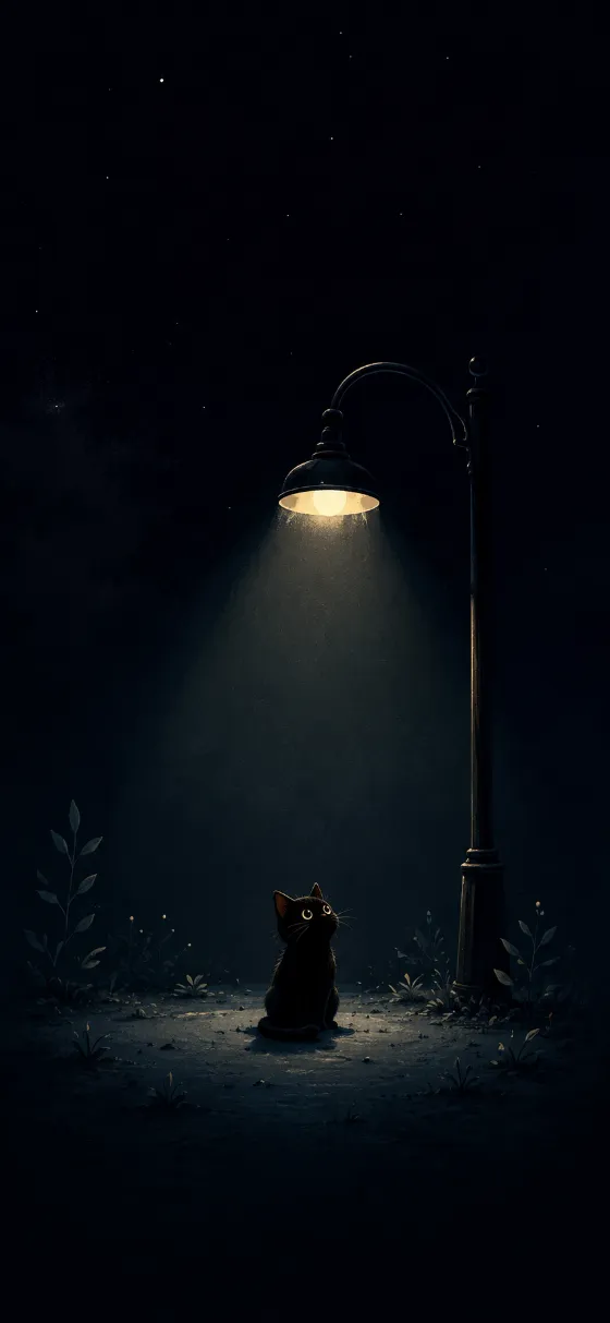 Minimal dark wallpaper of a small black cat sitting under a glowing streetlamp in a blue night circle.