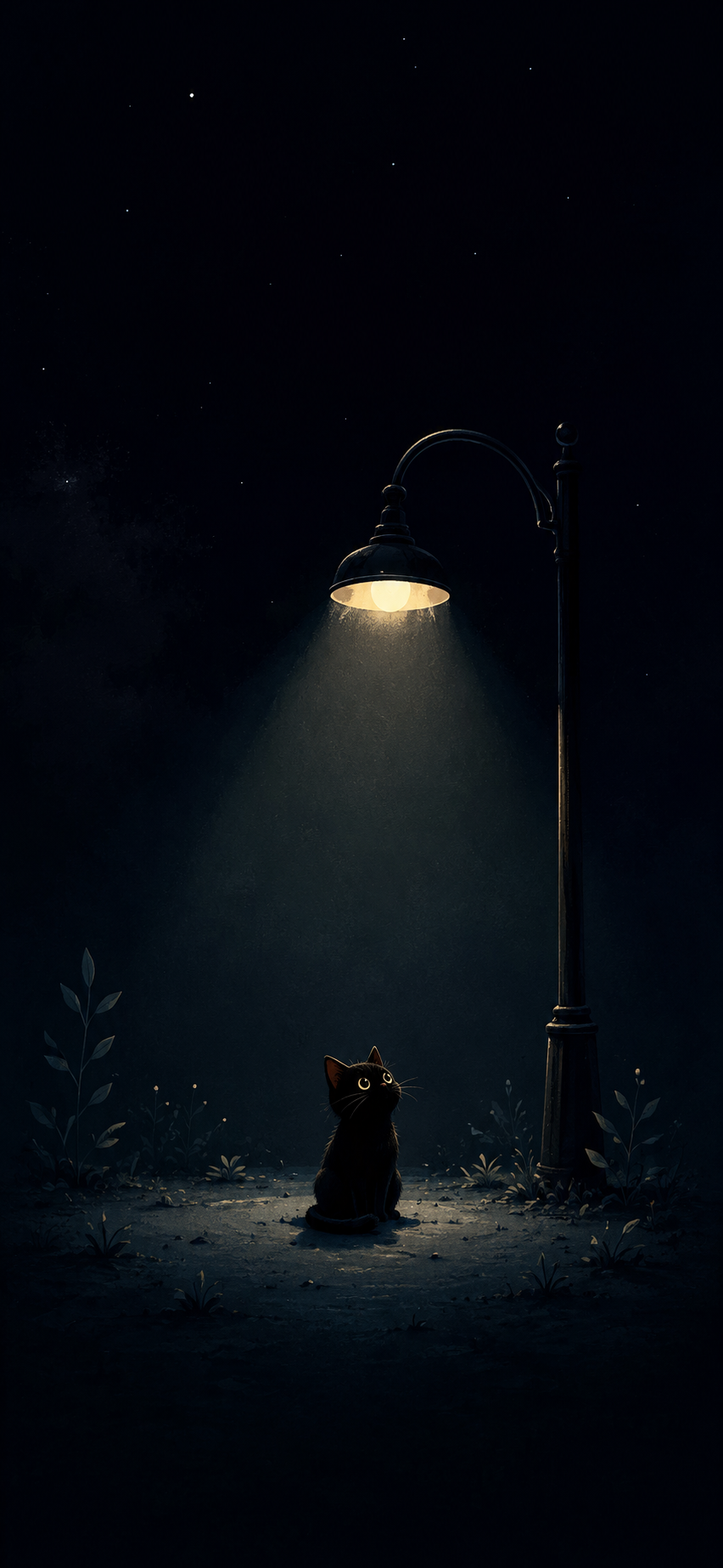 Minimal dark wallpaper of a small black cat sitting under a glowing streetlamp in a blue night circle.