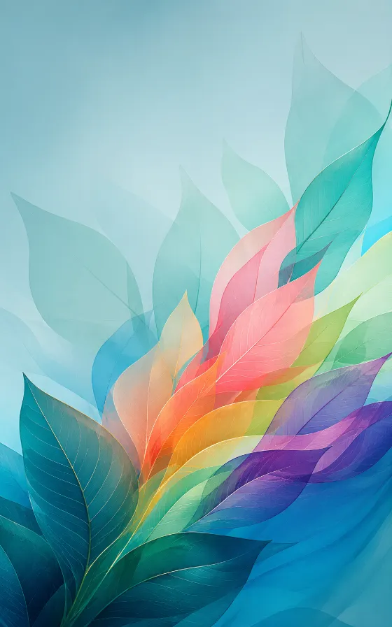 Abstract botanical wallpaper with translucent layered leaves in teal, blue, coral, yellow, purple, mint, and green gradients.