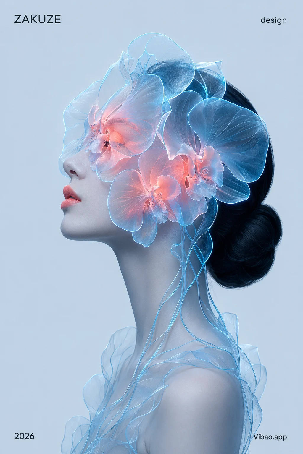 Serene side-profile portrait with translucent blue orchid petals, cyan outlines, coral facial glow, and a pale blue-gray editorial background.
