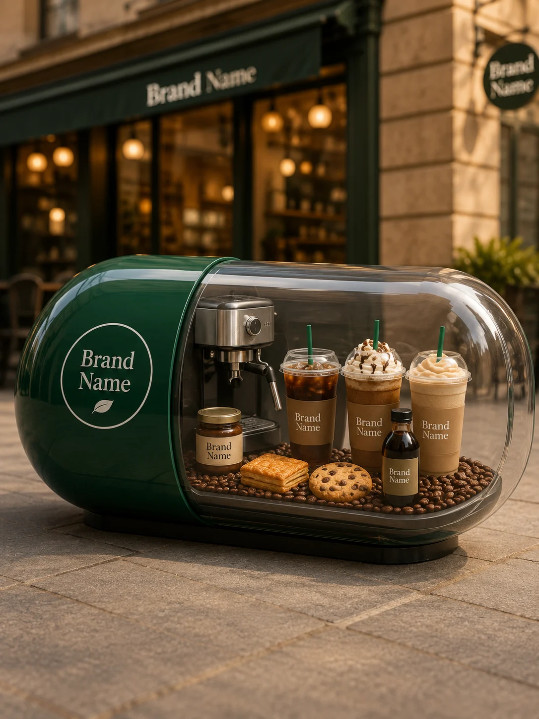 Green transparent capsule containing miniature coffee cups, pastries, beans, a jar, and an espresso machine on a city sidewalk.