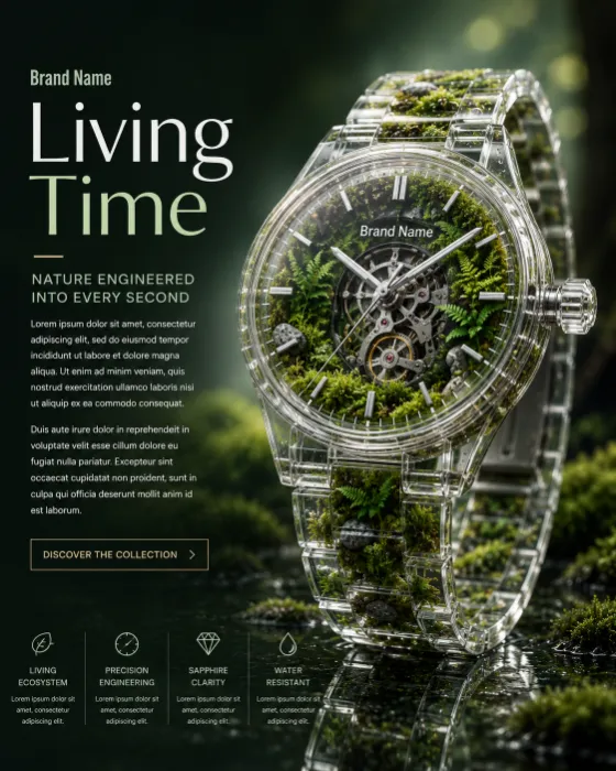 Luxury transparent watch with miniature moss and plants inside a crystal case.