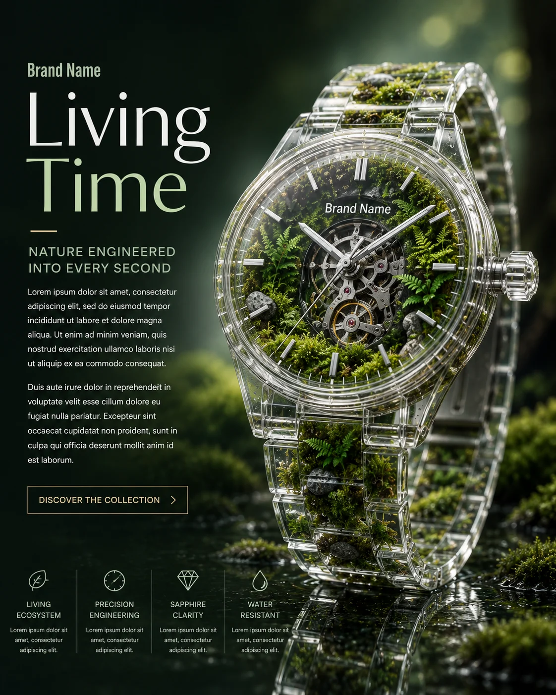 Luxury transparent watch with miniature moss and plants inside a crystal case.
