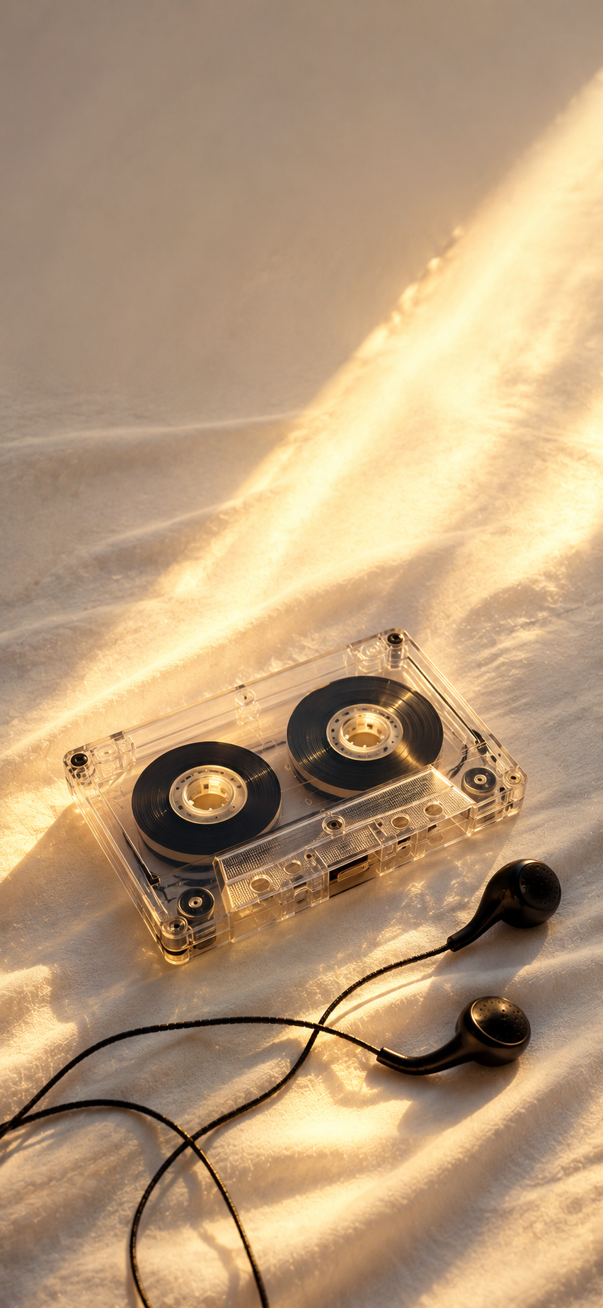 Transparent vintage cassette tape resting on soft fabric with warm sunlight and wired earbuds in a minimalist composition.