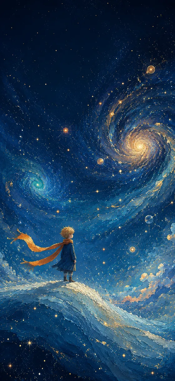 Small golden-haired traveler with an orange scarf standing beneath a vast swirling blue star field filled with glowing amber lights.