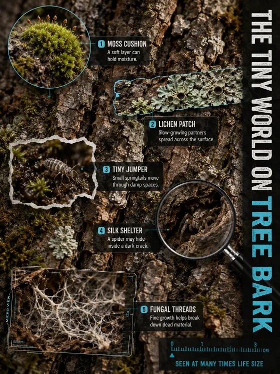 Macro bark poster with five magnified windows showing moss, lichen, a springtail, a spider shelter, and fungal threads beneath loose bark.