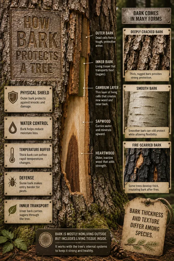 Educational bark cutaway with layered tree anatomy, textured macro specimens, an engraved title, and five large labels explaining bark functions.