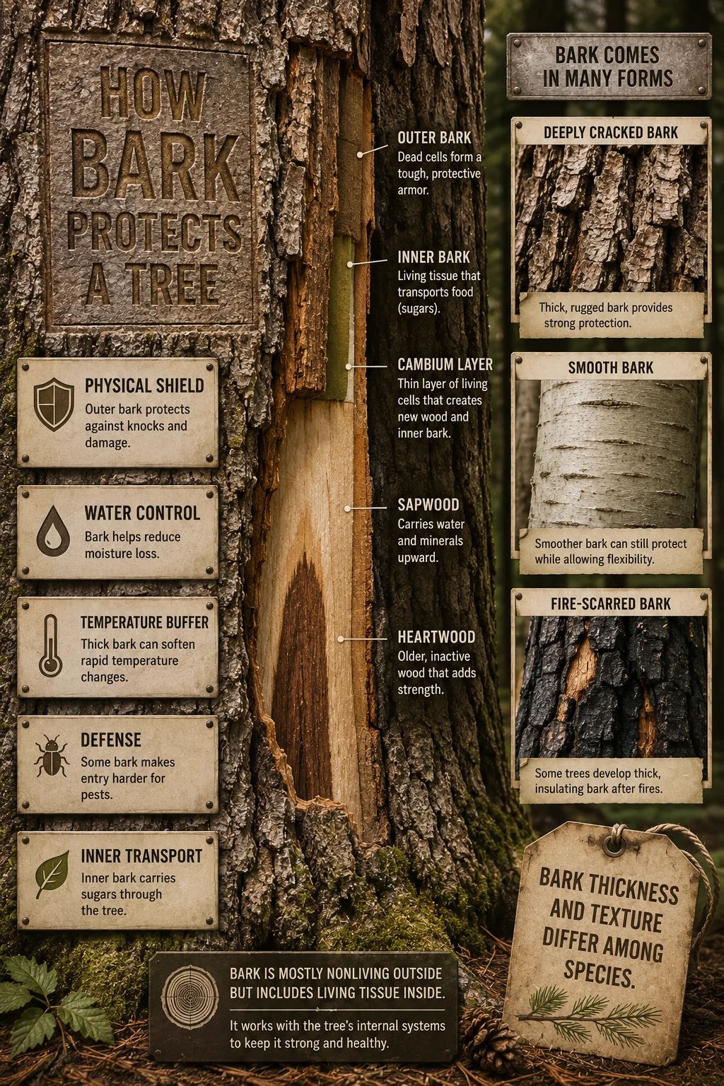 Educational bark cutaway with layered tree anatomy, textured macro specimens, an engraved title, and five large labels explaining bark functions.