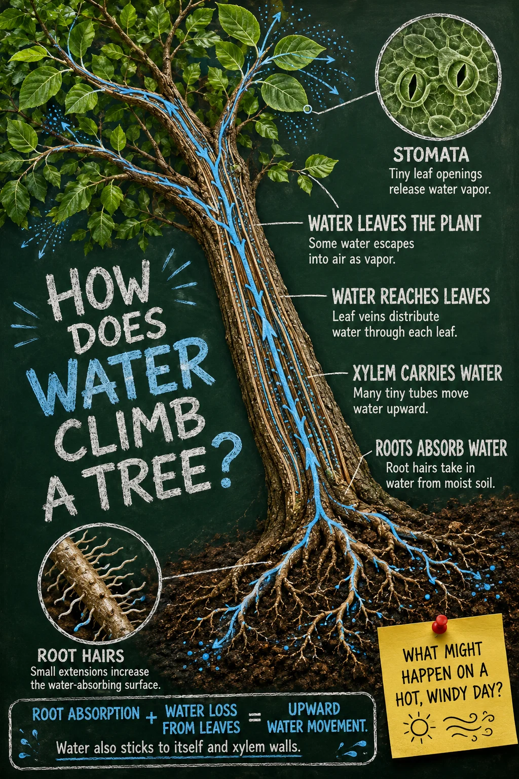 Educational tree-water transport scene with roots, xylem, leaf veins, stomata, chalk arrows, a formula statement, and a yellow question note.