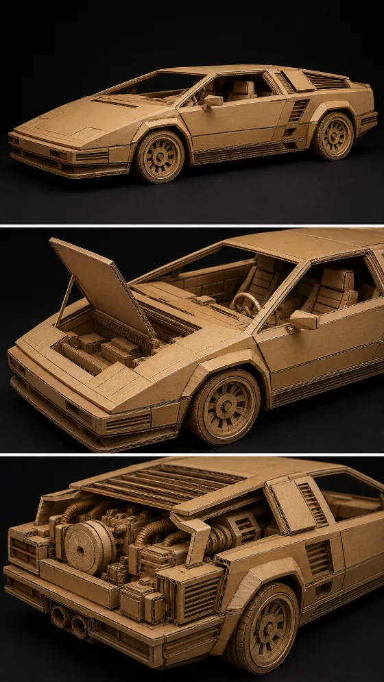 Three stacked studio images of a kraft-cardboard retro-futurist sports car sculpture with mechanical details.