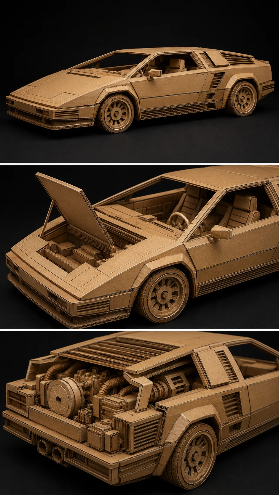 Three stacked studio images of a kraft-cardboard retro-futurist sports car sculpture with mechanical details.