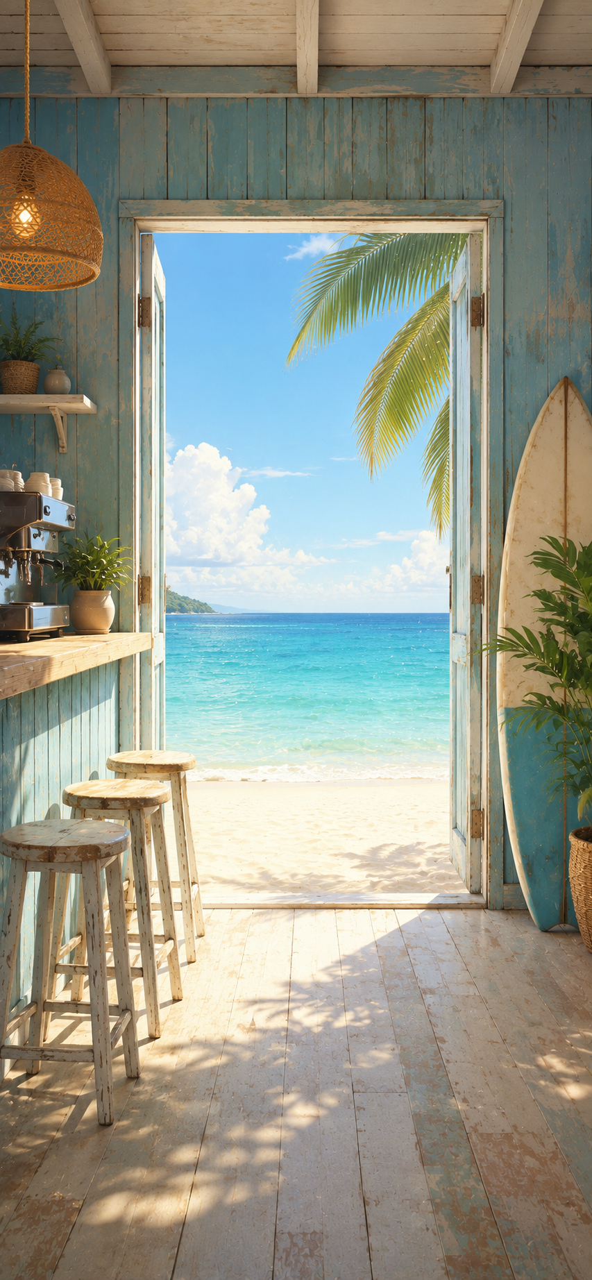 Rustic beach café interior opening to a turquoise ocean and sunny tropical shoreline.