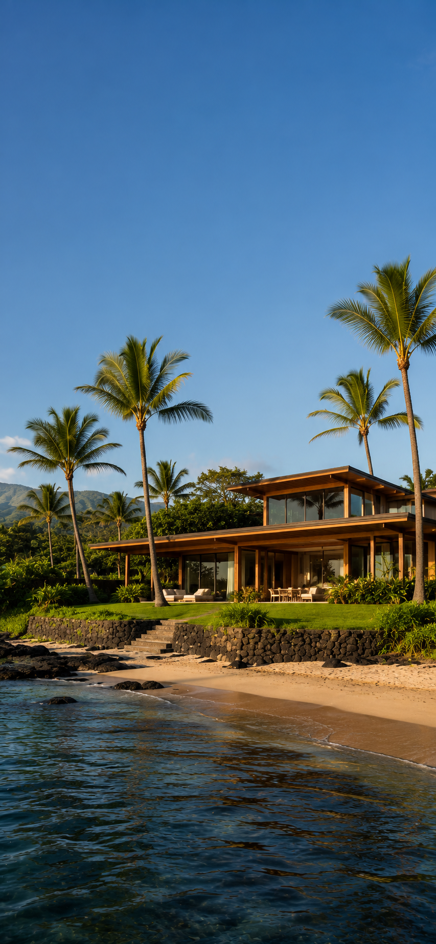 Modern tropical beach house with palm trees, green lawn, stone wall, sandy shoreline, reflective water, and blue sky.