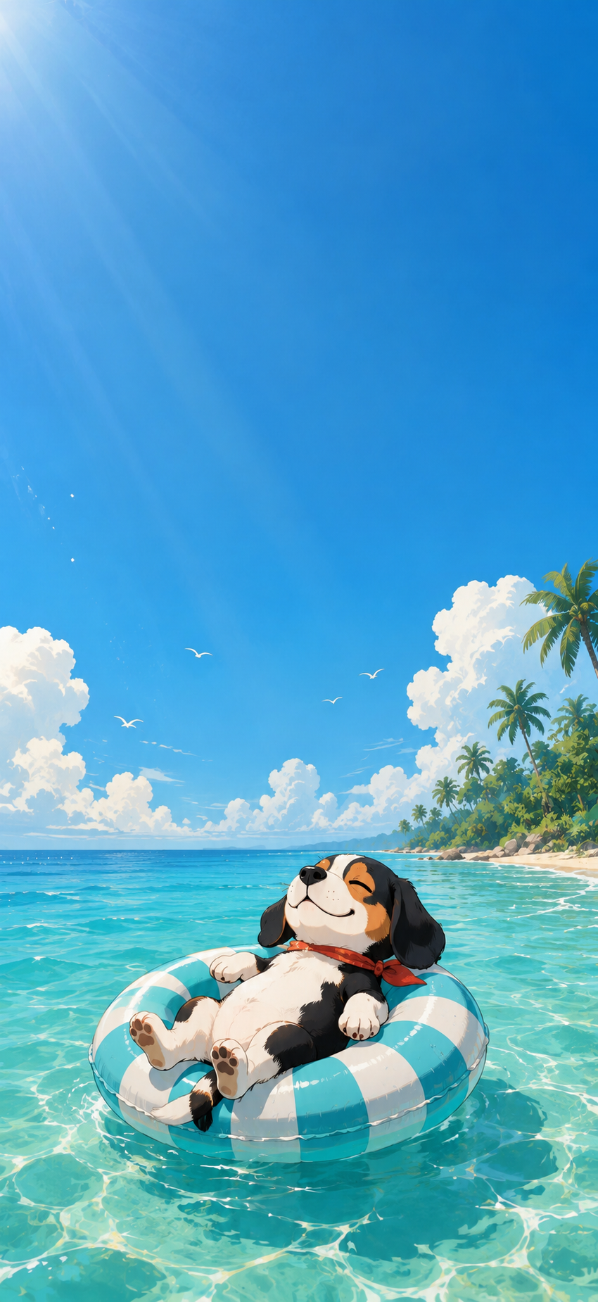 Cartoon black-and-white dog relaxing on a turquoise striped inflatable ring in clear tropical water beneath a bright blue sky with clouds and palm trees.