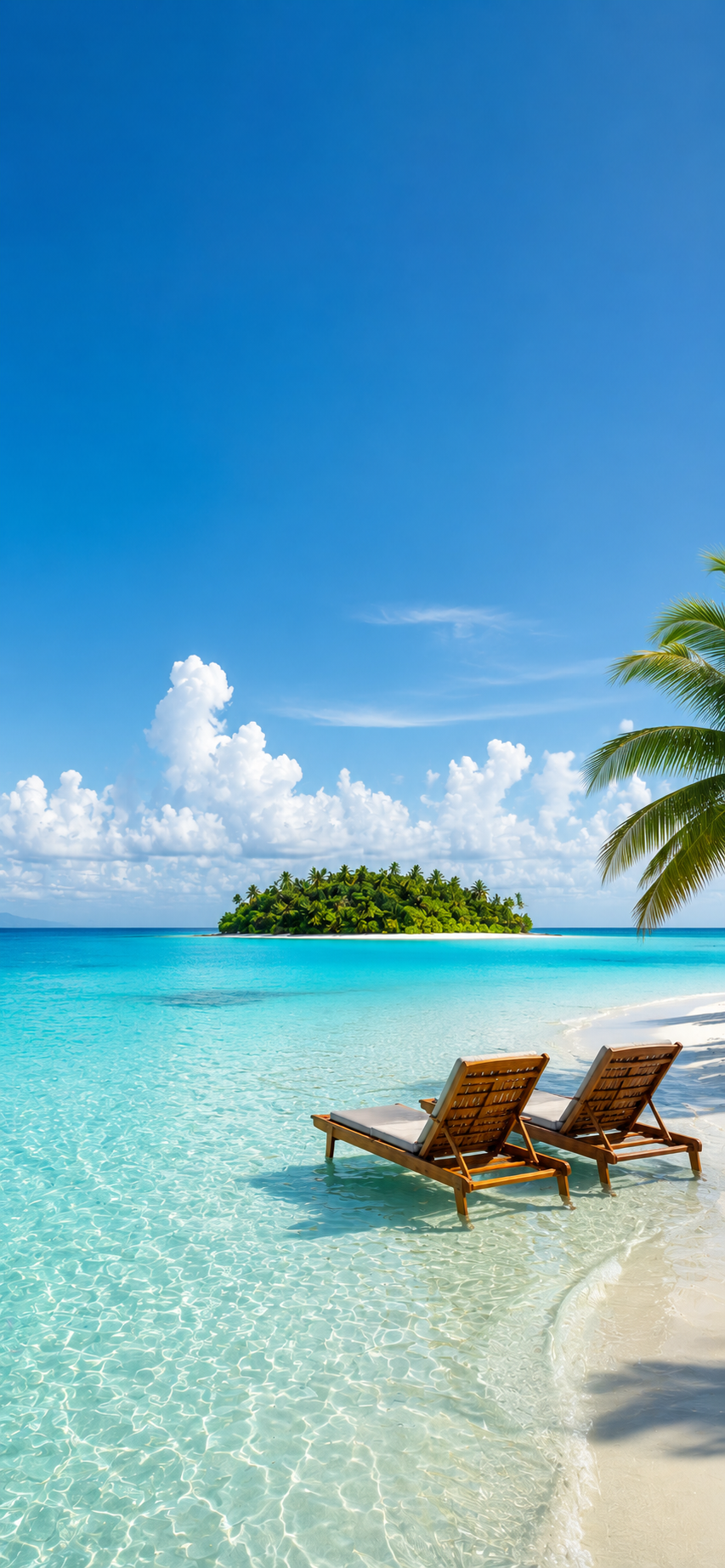 Tropical lagoon with two wooden chairs in clear turquoise water, white sand, small island, clouds, and open blue sky.