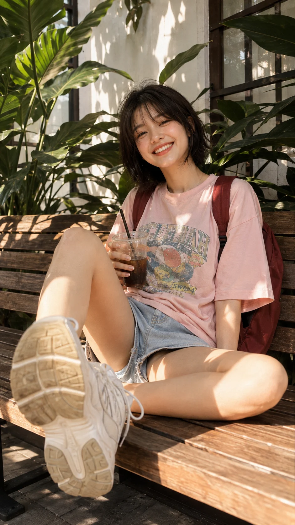 Fashion subject seated on a wooden bench among tropical leaves in a pink graphic tee, denim shorts, and white sneakers