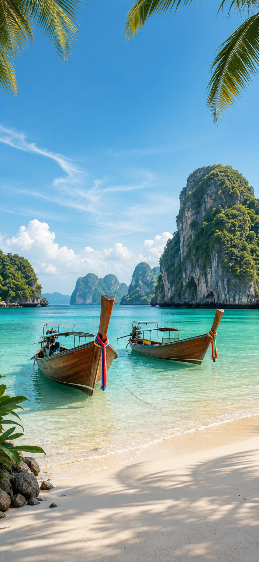 Wooden long-tail boats on a tropical beach with turquoise water, green cliffs, palm leaves, sand, and blue sky.