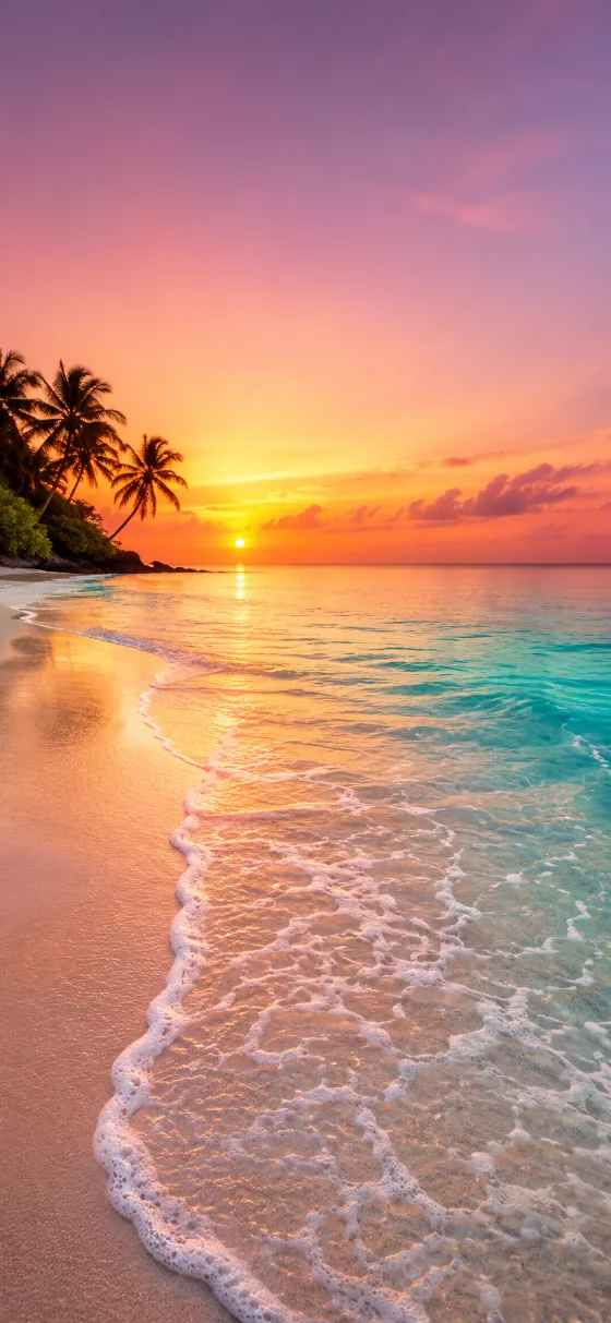 Tropical beach sunset wallpaper with turquoise water, white foam, palm trees, and a glowing orange pink sky.