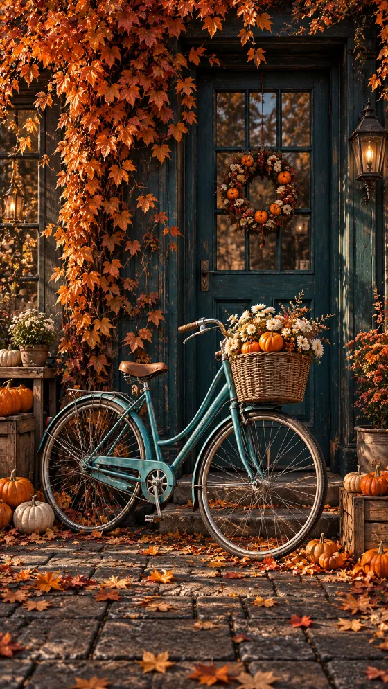 Vintage turquoise bicycle with a pumpkin-filled wicker basket parked before a teal doorway covered in autumn leaves.